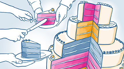 Das Bild ist eine Illustration in Schwarz-Weiß mit einzelnen in Farbe hervorgehobenen Elementen. Die Illustration zeigt eine mehrstöckige Torte, von der sich verschiedene Kuchenstücke genommen werden.