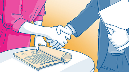 Das Bild ist eine Illustration in Blau, Orange und Pink. Die Illustration zeigt zwei Personen, die sich die Hand geben. Darunter liegt ein unterschriebener Vertrag.
