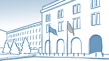 Das Bild ist eine Illustration in Schwarz-Weiß mit einzelnen in Farbe hervorgehobenen Elementen. Die Illustration zeigt die Fassade eines offiziellen Gebäudes, vor dem an Fahnenmasten eine Deutschland- und eine EU-Flagge wehen.