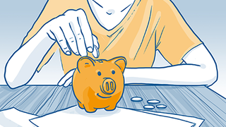 Das Bild ist eine Illustration in Schwarz-Weiß mit einzelnen in Farbe hervorgehobenen Elementen. Die Illustration zeigt ein Sparschwein, in das von einer Person Kleingeld geworfen wird.